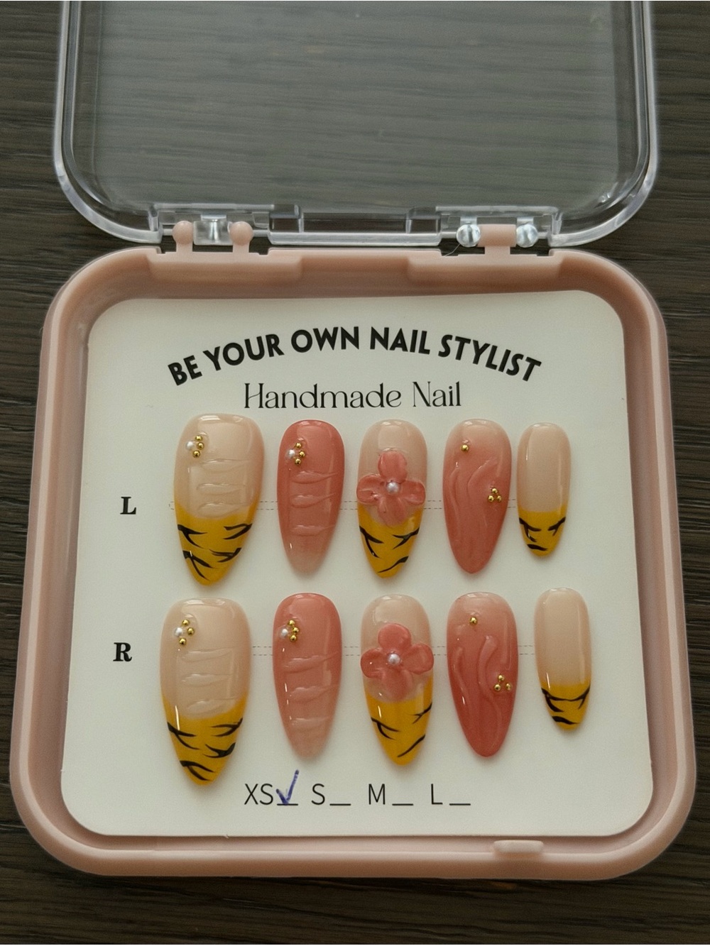 Handmade Press-On Nail Set in Pink & Yellow with Floral Accent